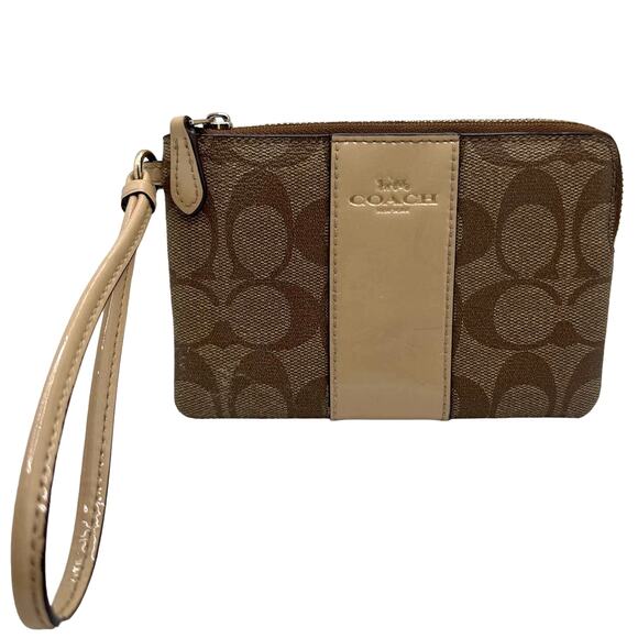 COACH Brown Gold Signature Coat Canvas Wristlet - Picture 1 of 7